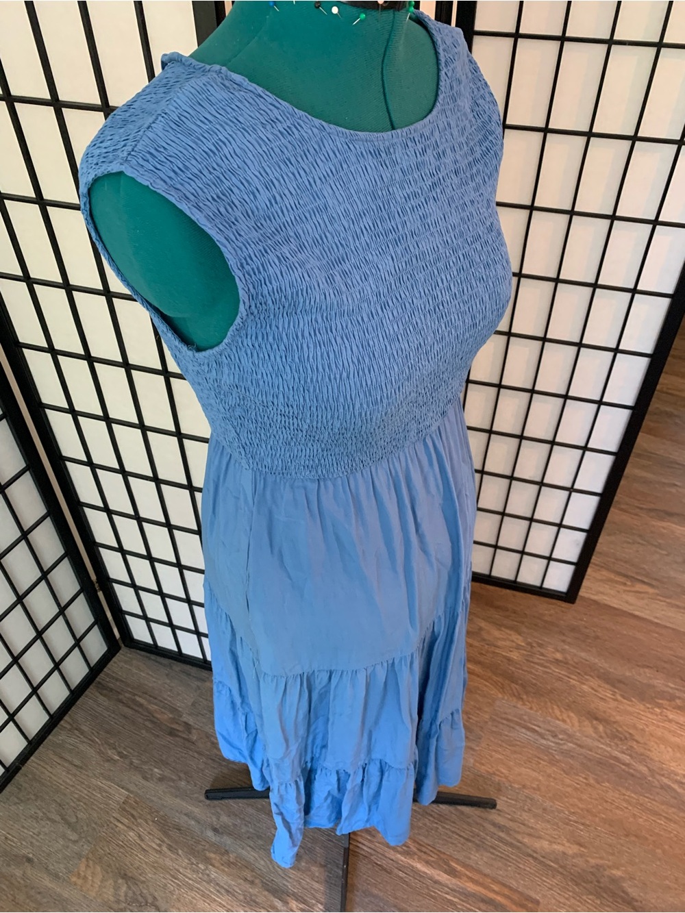 Blue Smocked Sleeveless Tiered Maxi Dress